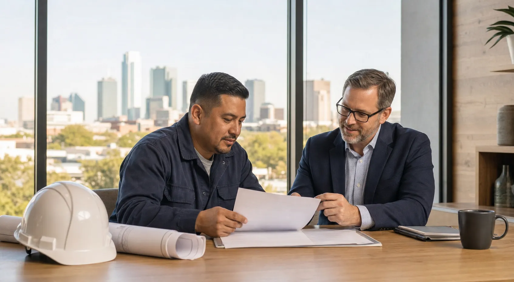 Fort Worth contractor reviewing business insurance documents with an insurance agent in an office overlooking the city skyline