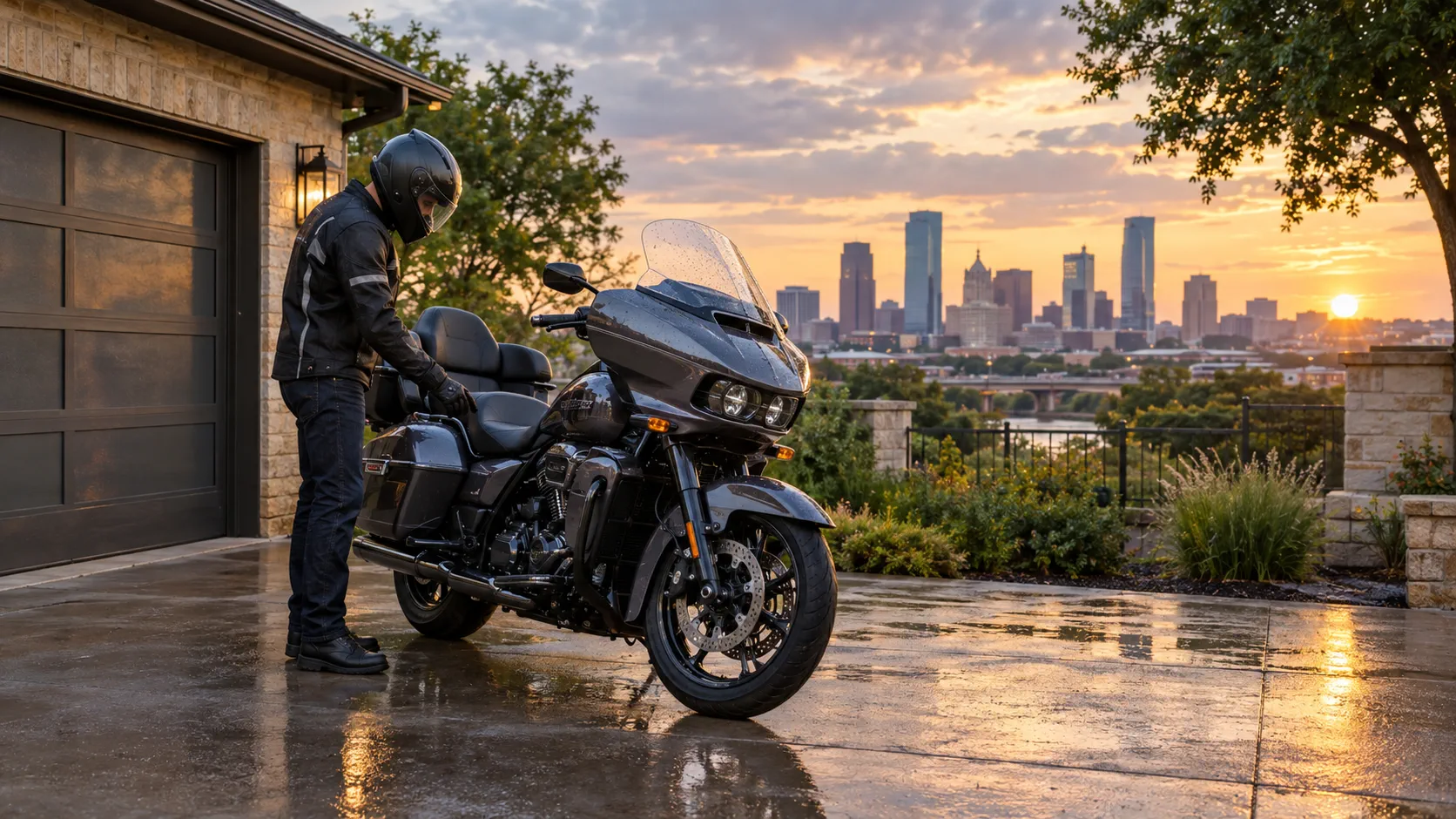 Motorcycle rider checking a touring bike outside a Fort Worth garage before a ride, with the North Texas skyline in the distance