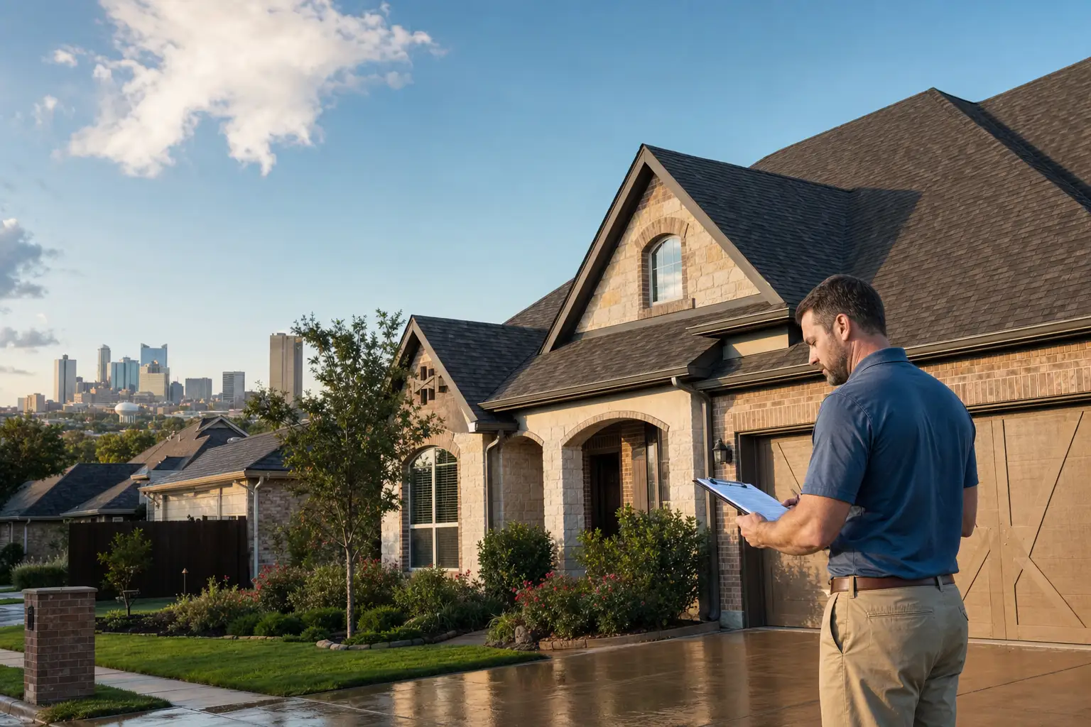 Fort Worth homeowner insurance professional reviewing a roof inspection outside a suburban Texas home after a storm