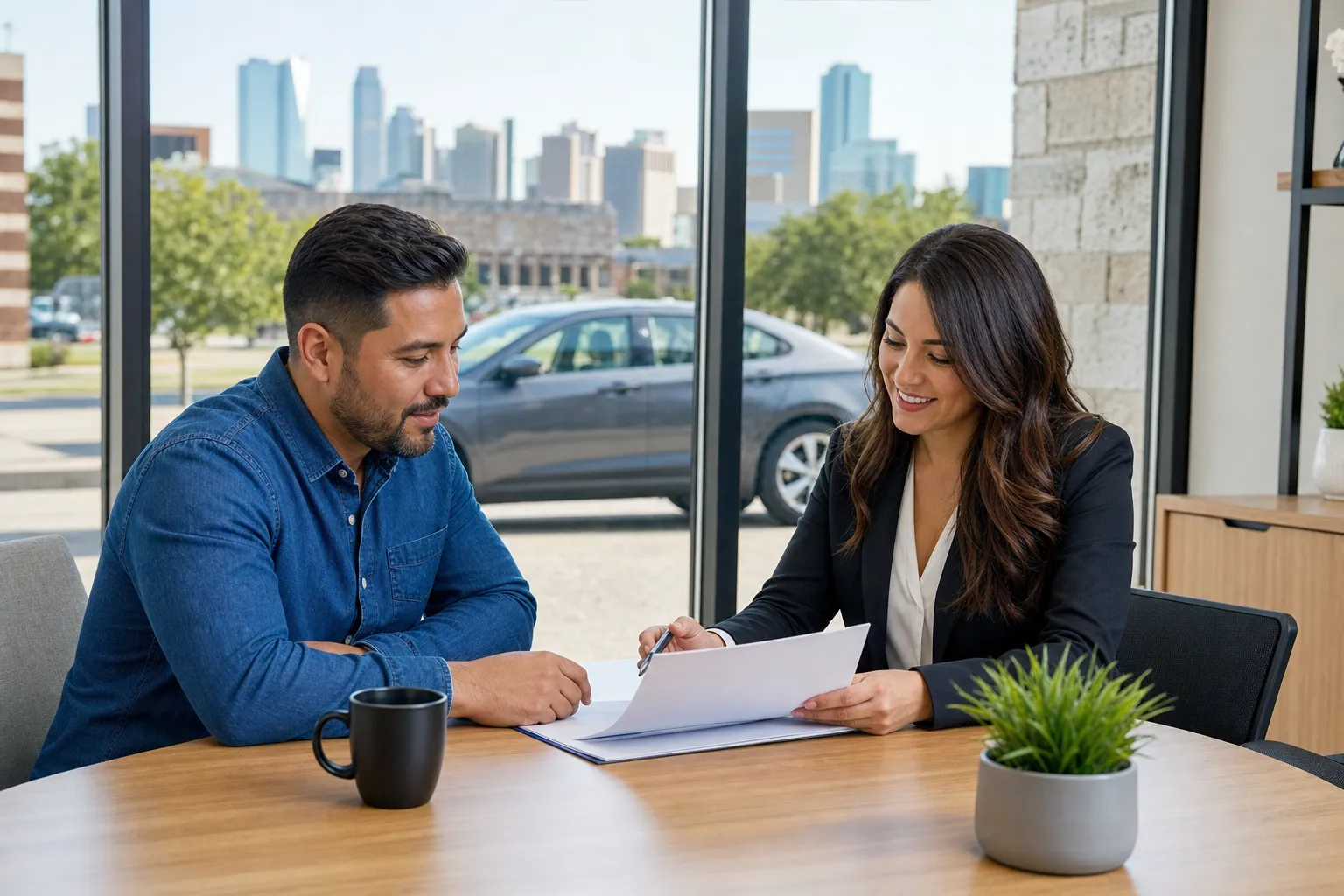 Fort Worth driver reviewing liability-only and full coverage auto insurance options with an independent insurance agent, with the Fort Worth skyline visible through an office window
