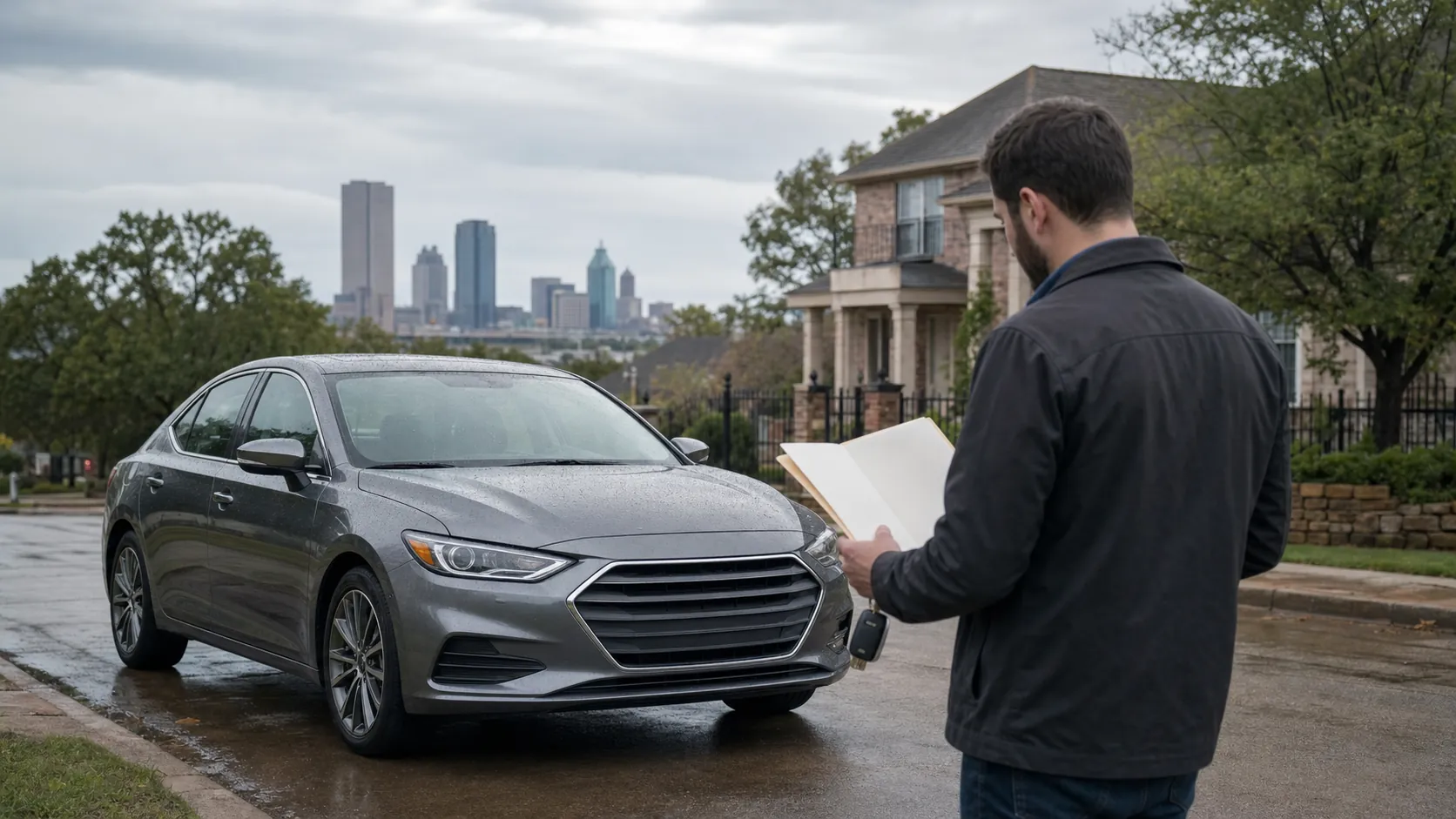 A Fort Worth vehicle owner reviewing financing papers beside a late-model sedan on a residential street