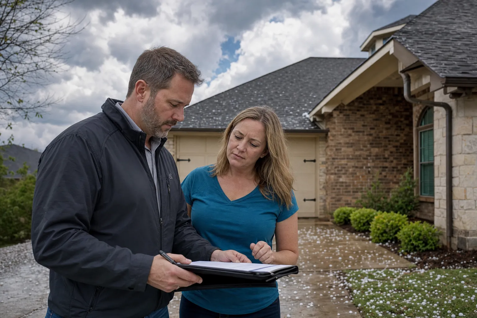 Fort Worth homeowner and insurance professional reviewing hail damage after a storm outside a North Texas home