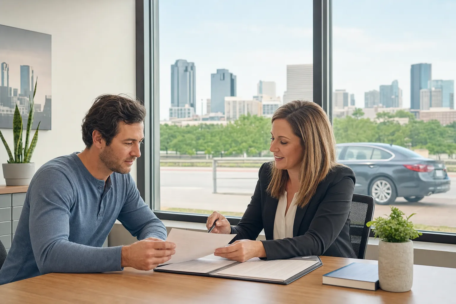 Fort Worth driver reviewing SR-22 insurance paperwork with an independent agent in a bright office, with the downtown skyline visible through the window