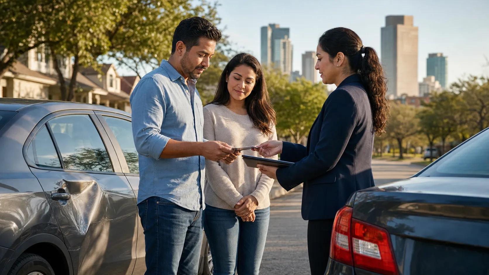 Pareja hispana intercambiando información con una agente de seguros junto a un carro dañado en una calle de Fort Worth